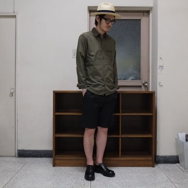 THE ESSENCE(エッセンス)/GREEN COTTON SHIRT PAINTED WITH SHELLAC -KHAKI-