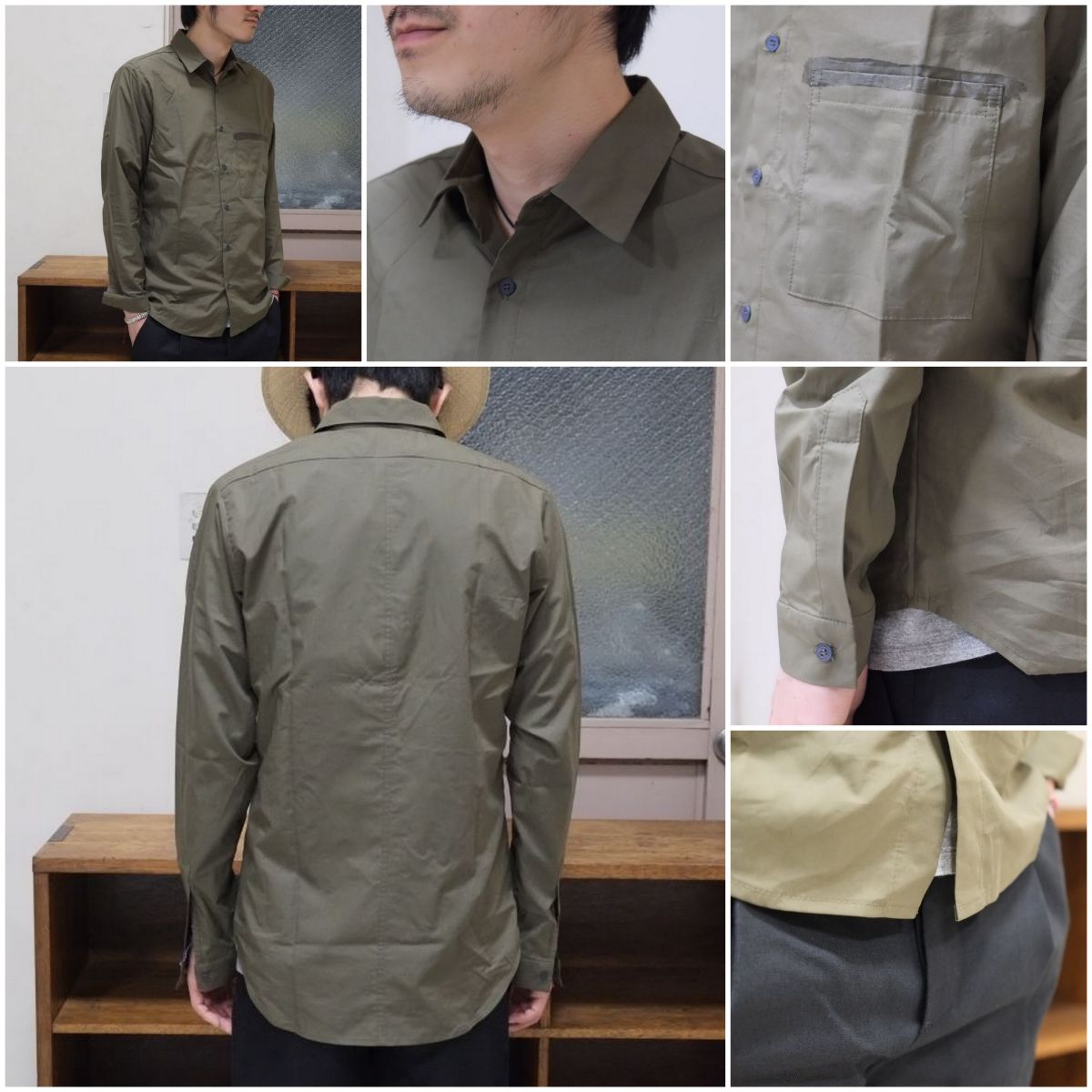 THE ESSENCE(エッセンス)/GREEN COTTON SHIRT PAINTED WITH SHELLAC -KHAKI-