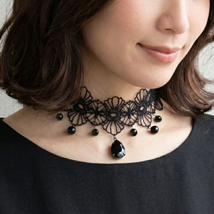 樂天商城 - 豪華ブラックレース×揺れるビジューのチョーカーネックレス ゴシック パーティー 結婚式 ドレス アクセサリー 黒 可愛い レディース