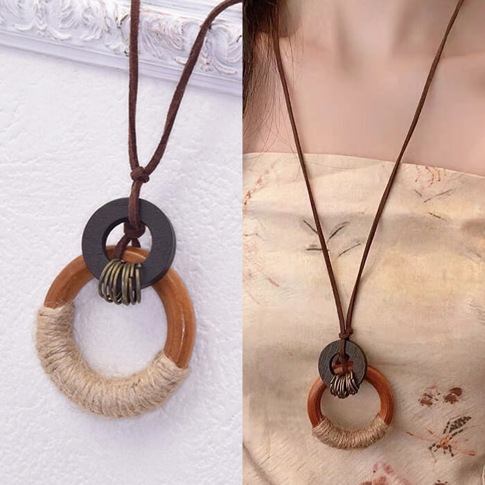 ウッドペンダント ひもネックレス 天然素材 リゾート 夏 エスニック ロープ セーター ロング ブラウン