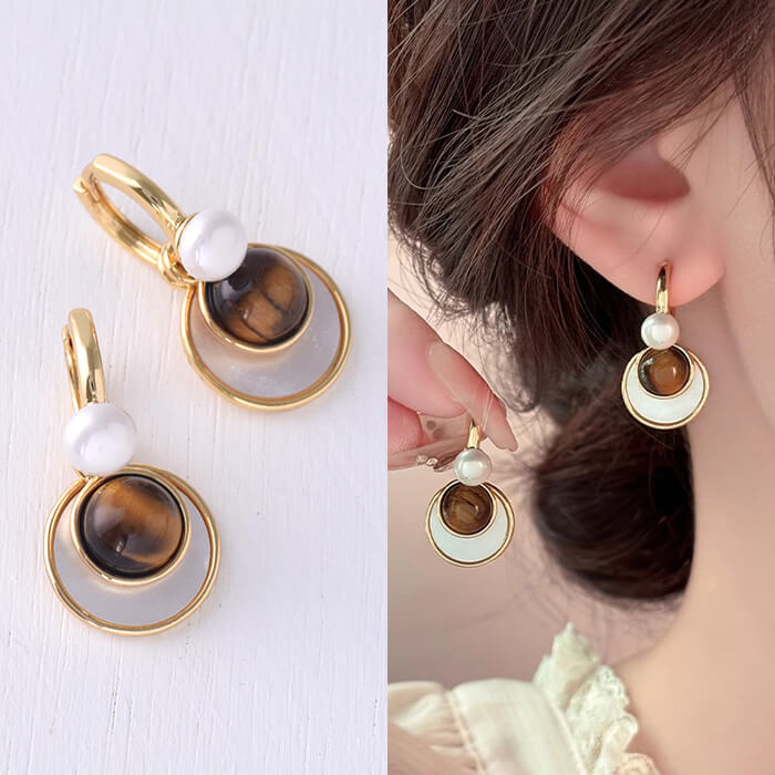 樂天商城 - ヴィンテージデザイン ブラウン ピアス ゴールド ダブルサークル 韓国風