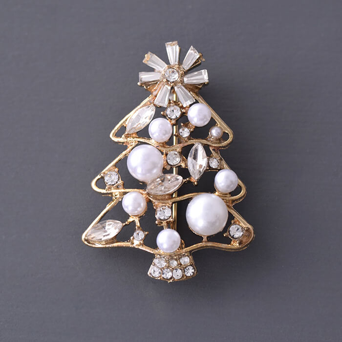 クリスマスツリー ブローチ パール×ラインストーン ゴールド ホワイトスノー 大人上品 アクセサリー