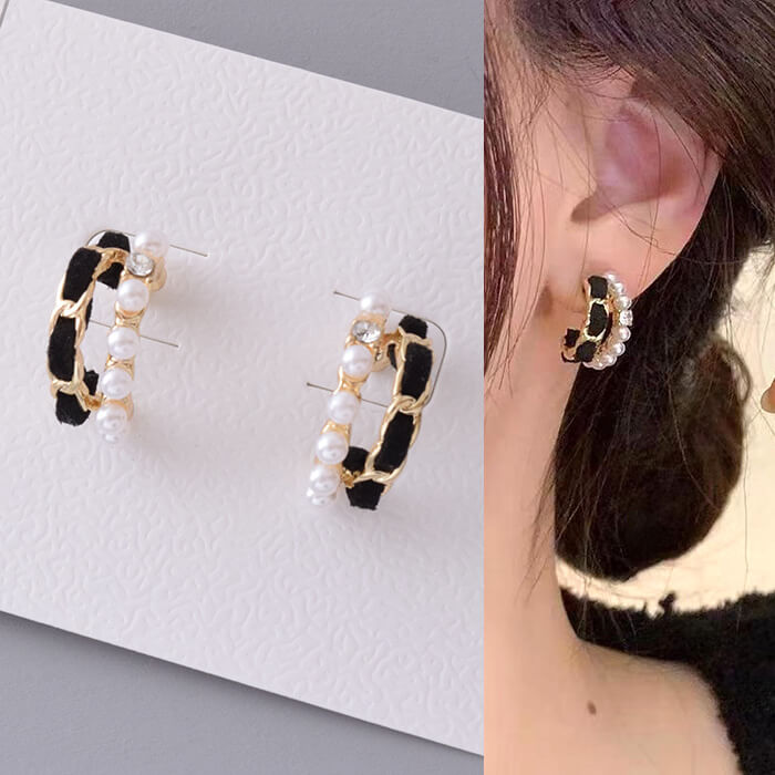 樂天商城 - 【10%OFFクーポン本日限定】パール ピアス ゴールド×ブラック チェーンデザイン フープデザイン 大人上品 エレガント アクセサリー