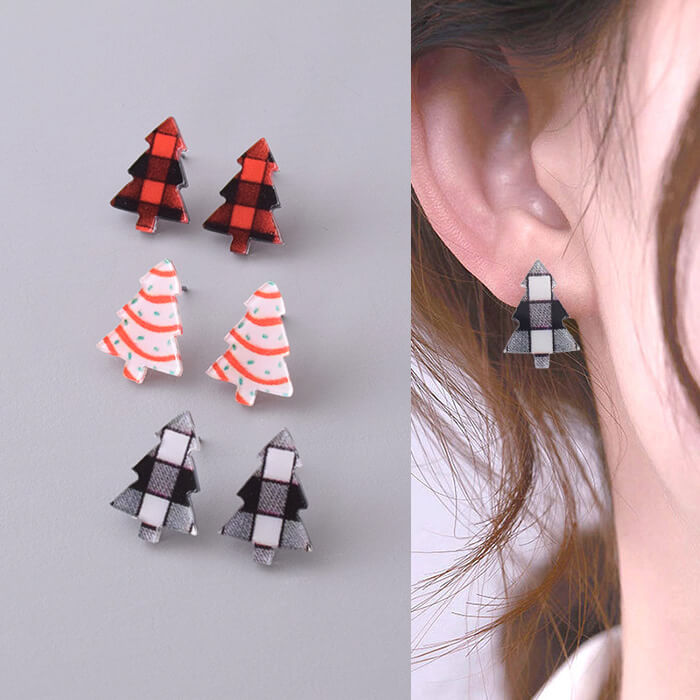 樂天商城 - クリスマスツリー ピアス 6点セット チェック柄 ストライプ レディース アクリル アクセサリー プチプラ 軽量 大人かわいい