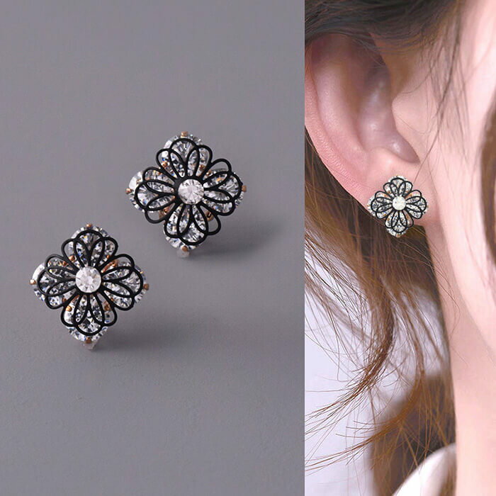 樂天商城 - 【10％OFFクーポン】フラワーモチーフ ピアス ブラック×クリア 上品 大人かわいい レディース アクセ 華やか パーティー 結婚式 アクセサリー