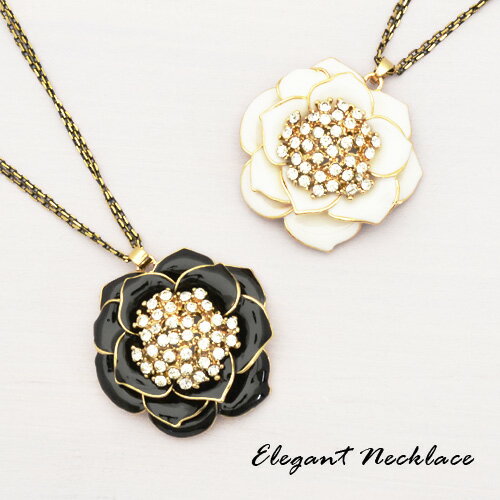 フラワーペンダントネックレス　ホワイト　ブラック（コスチュームジュエリー/パーティー/お呼ばれ）(4)