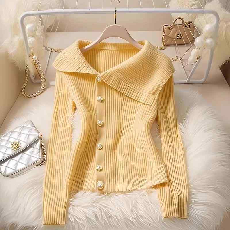 【個性的】 レディース カーディガン ニット セーター 秋冬 エレガント 素敵 大人 長袖 不規則 襟 大きい襟 きれいめ 黄色 マカロンカラー おしゃれ 上品 通勤 休日 ビスコース 柔らか 快適