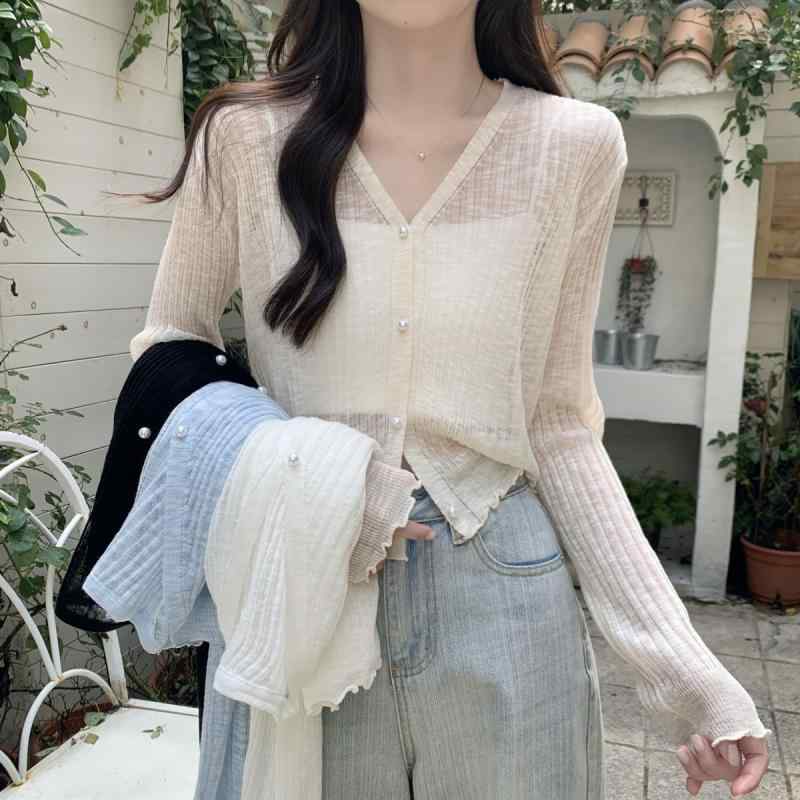 Rakuten - カーディガン レディース 長袖 薄手 接触冷感 ニット 無地 夏 羽織り ショート丈 UVカット ショール トップス 吸湿速乾 軽量