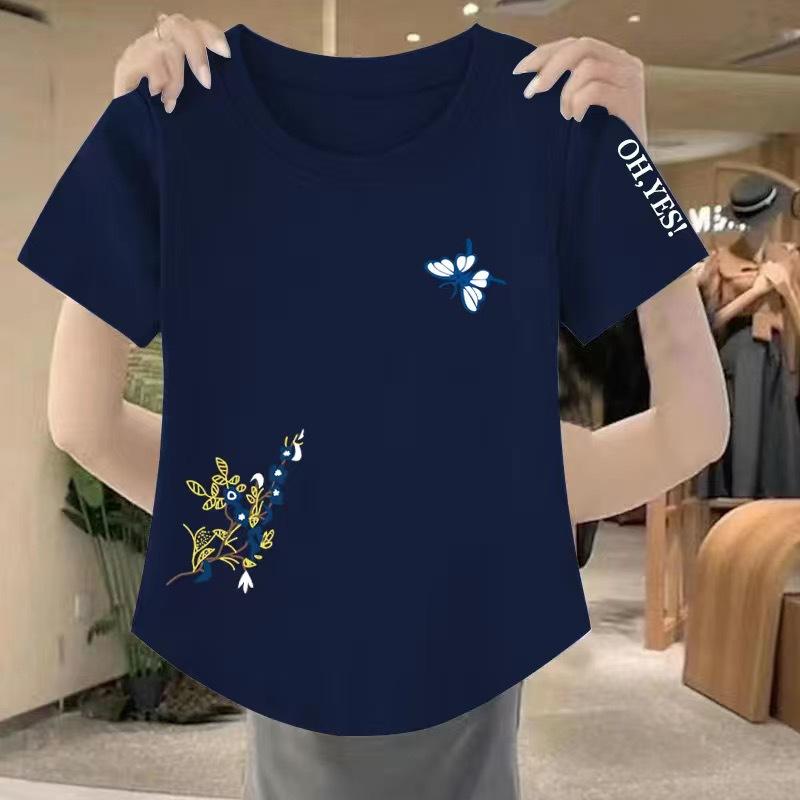 Rakuten - レディース 短袖 Tシャツ 夏用 ゆったり スリム クルーネック プリント アシンメトリー トップス カジュアル 普段使い ファッション