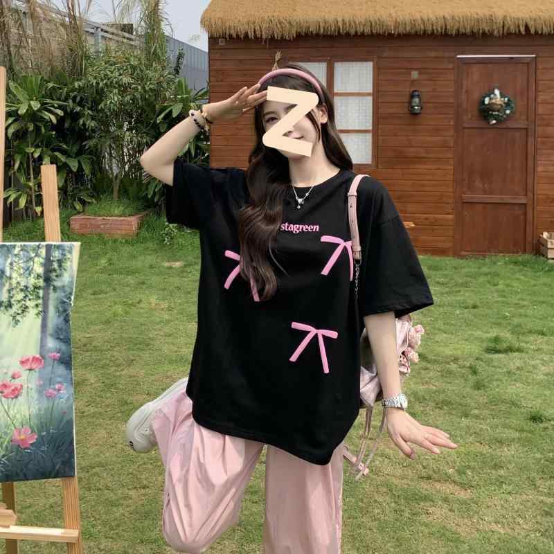 Tシャツ レディース 夏 花柄 蝶結び 丸首 短袖 ゆったり 甘め トップス 普段使い カジュアル 合わせやすい(4.0)