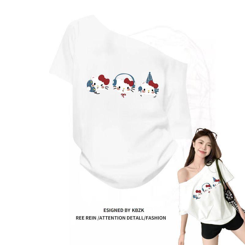 Rakuten - Tシャツ レディース 夏用 短袖 かわいい猫プリント 韓国 アメリカン レトロ ゆったりシルエット 体型カバー カジュアル トップス