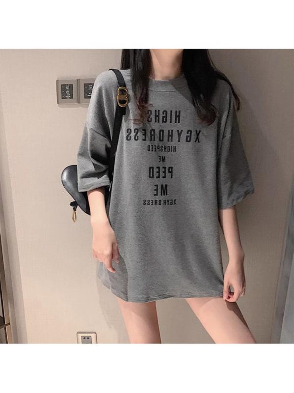 レディース ゆったり 英字プリント クルーネック 半袖 Tシャツ 夏 カジュアル トッ...
