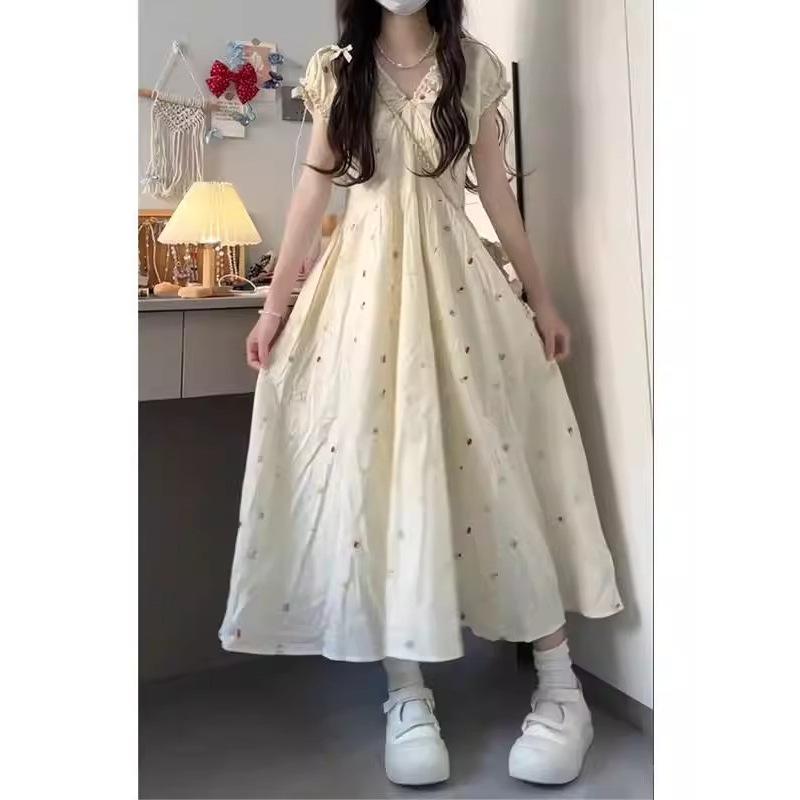 Rakuten - ジュニア 女子 夏用 学院風 水玉 ワンピース ドレス かわいい 学生スタイル ポルカドット 軽やか 日常使い 爽やか コットン調 通学服 ハイウエスト 膝丈