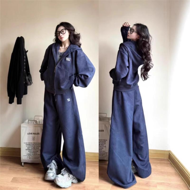 レディース 春秋 カジュアル スポーツ セットアップ フード付き カーディガン トップス ストレート ワイドレッグ パンツ ゆったり シルエット 快適 素材