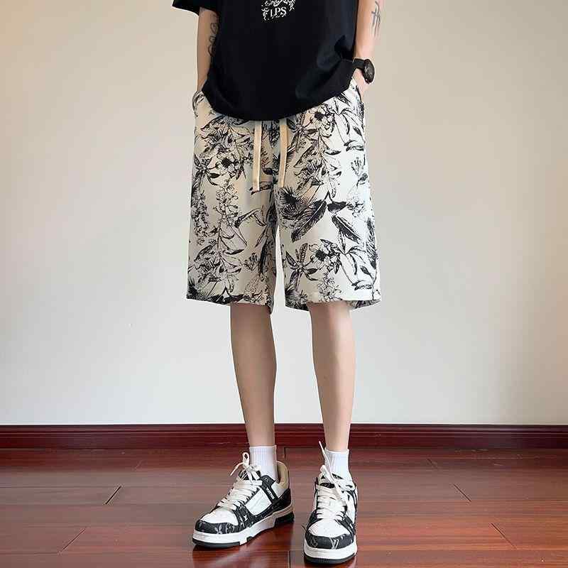 ハーフパンツ メンズ ショートパンツ 総柄プリント水墨画 ワイドシルエットボトムス ズボンゆったりカジュアルスポーツウエストゴム シンプルベーシック定番ナチュラルスタンダード