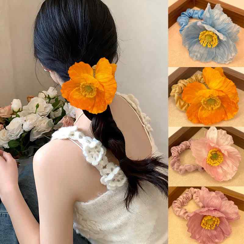 ヘアゴム レディース 髪飾り ヘアアクセサリー ポピー 花柄 布 おしゃれ かわいい 髪留め まとめ髪 ヘアアレンジ 丸子ヘア ボリューム シュシュ フラワーモチーフ 華やか 高級感 デイリー使い オフィス カジュアル パーティー フェミニン エレガン