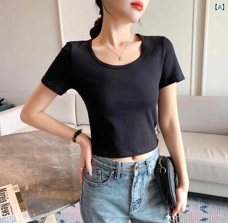 Tシャツ レディース 半袖 クロップド丈 トップス カットソー ショート丈 ヘソ出し スリムフィット タイト コンパクト 無地 シンプル カジュアル きれいめ 大人 かわいい ベーシック 春夏 着痩せ ストレッチ性 デイリー インナー 伸縮性 通気