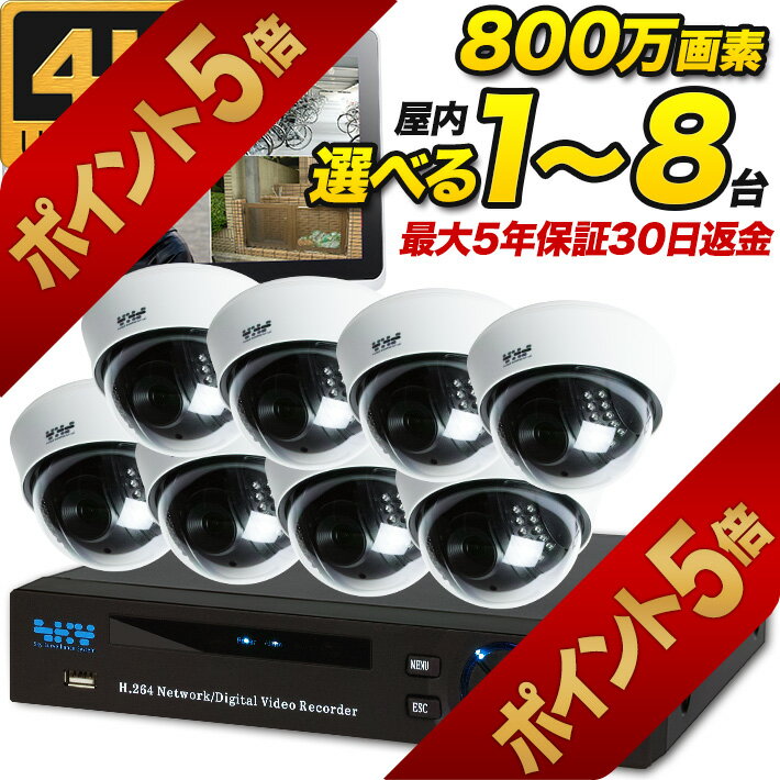 【今だけ楽天ポイント5倍！5月31日13時まで】防犯カメラ 屋内 車上荒らし ドーム型 800万画素 録音 マイク搭載 遠隔監視 台数を選択 1～8台と録画装置セット 監視カメラセット 赤外線 iPhone Android 800domeset_1-8 SONY