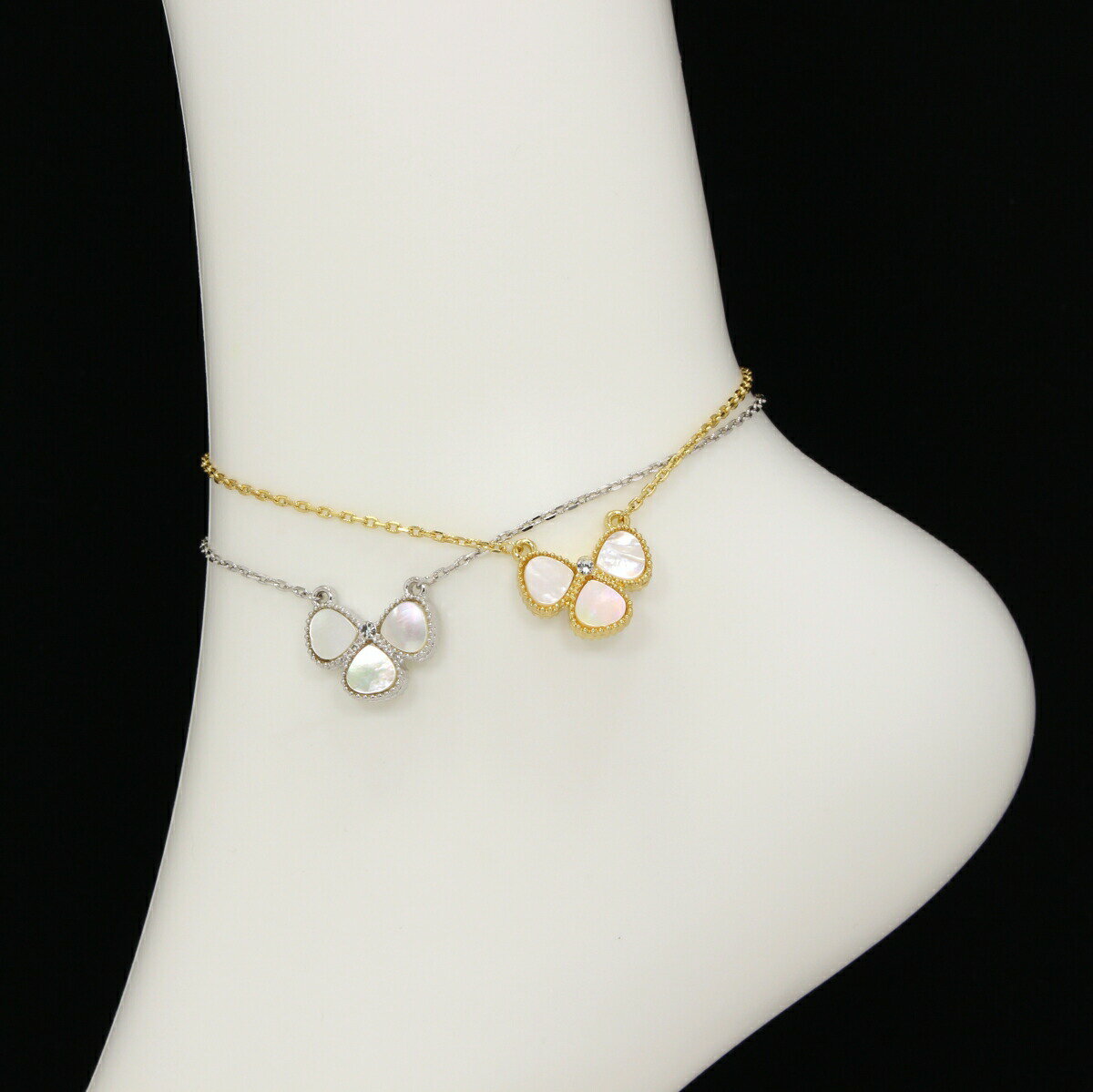 クローバー アンクレット 白蝶貝 シェル フラワー 1花両面 キュービックジルコニア モチーフ マザーオブパール ギフト 送料無料 天然石 三つ葉 レディース ...