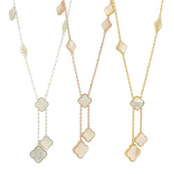 【割引スーパーセール】ミル黄金花アクセントフラワーネックレス白蝶貝シェルクローバー4花2枝花両面レディースネックレスフラワーモチーフ3カラーチェーンマザーオブパール天然石ブランドトラベルジュエリー