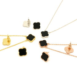 新発売ネックレスピアス1花【2点セット】オニキスカラー黒ミル打ちクローバー3カラー(イエローゴールドピンクゴールドシルバー)マザーオブパールシェル貝ビジューブラック送料無料レディースギフトプレゼント【mof】あす楽