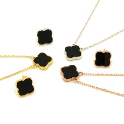 新発売ネックレスイヤリング1花【2点セット】オニキスカラー黒ミル打ちクローバー3カラー(イエローゴールドピンクゴールドシルバー)マザーオブパールシェル貝ビジュー送料無料レディースギフトプレゼント【mof】あす楽