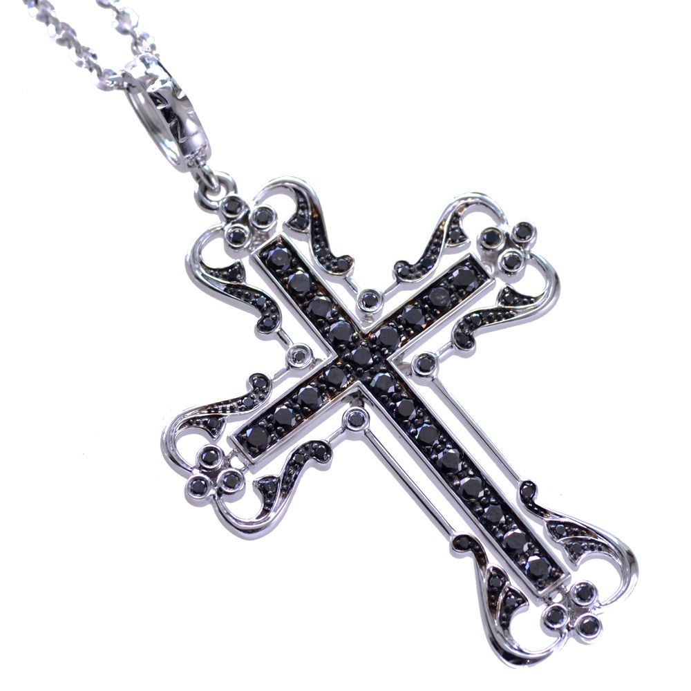 18金 ネックレス メンズ K18WG ホワイトゴールド ブラックダイヤモンド クロス 十字架 メンズネックレス 60cm チェーン 男性用