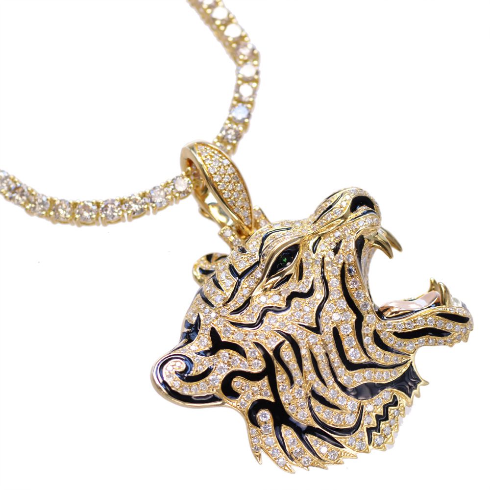 メンズネックレス 18金 ダイヤモンド 15カラット テニスネックレス グリーンガーネット 虎 タイガー ペンダント ネックレス イエローゴールド 50cm 刻...