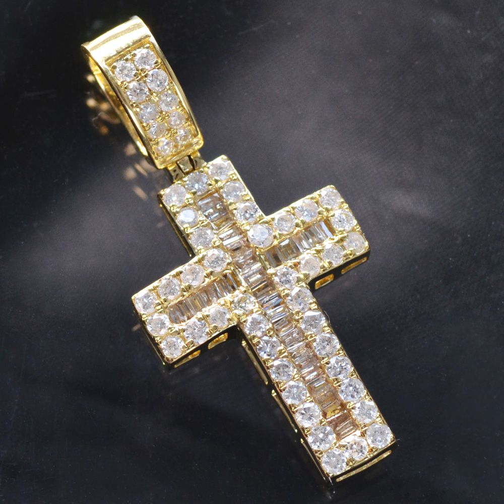 18金 ペンダントトップ メンズ K18 18K イエローゴールド クロス バゲットカット ダイヤモンド 十字架 ペンダントヘッド 男性用 メンズペンダントトップ ネックレスヘッド 刻印入り 鑑別書付き【人気アイテム】【動画あり】