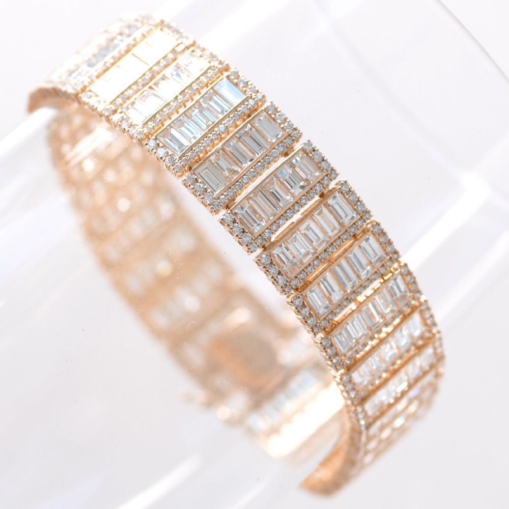 ブレスレット メンズ K18PG ダイヤモンド 21カラット メンズブレスレット バゲットカット ダイヤモンドブレスレット 幅広 18金 ピンクゴールド 20c...