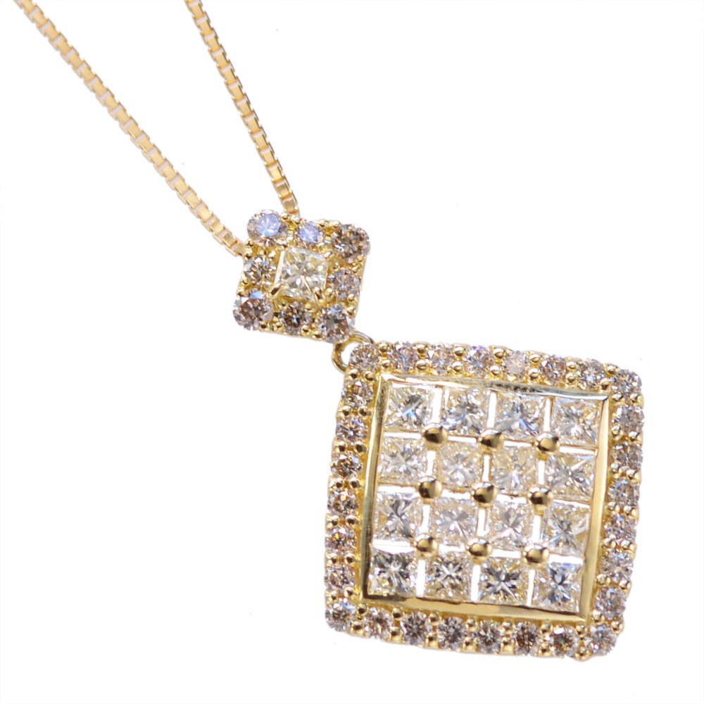 Rakuten - ダイヤモンド ネックレス 18金 K18 18K プリンセスカット ダイヤモンド 2カラット ダイヤモンドネックレス イエローゴールド レディース 日本製 刻印入り 鑑別書付き