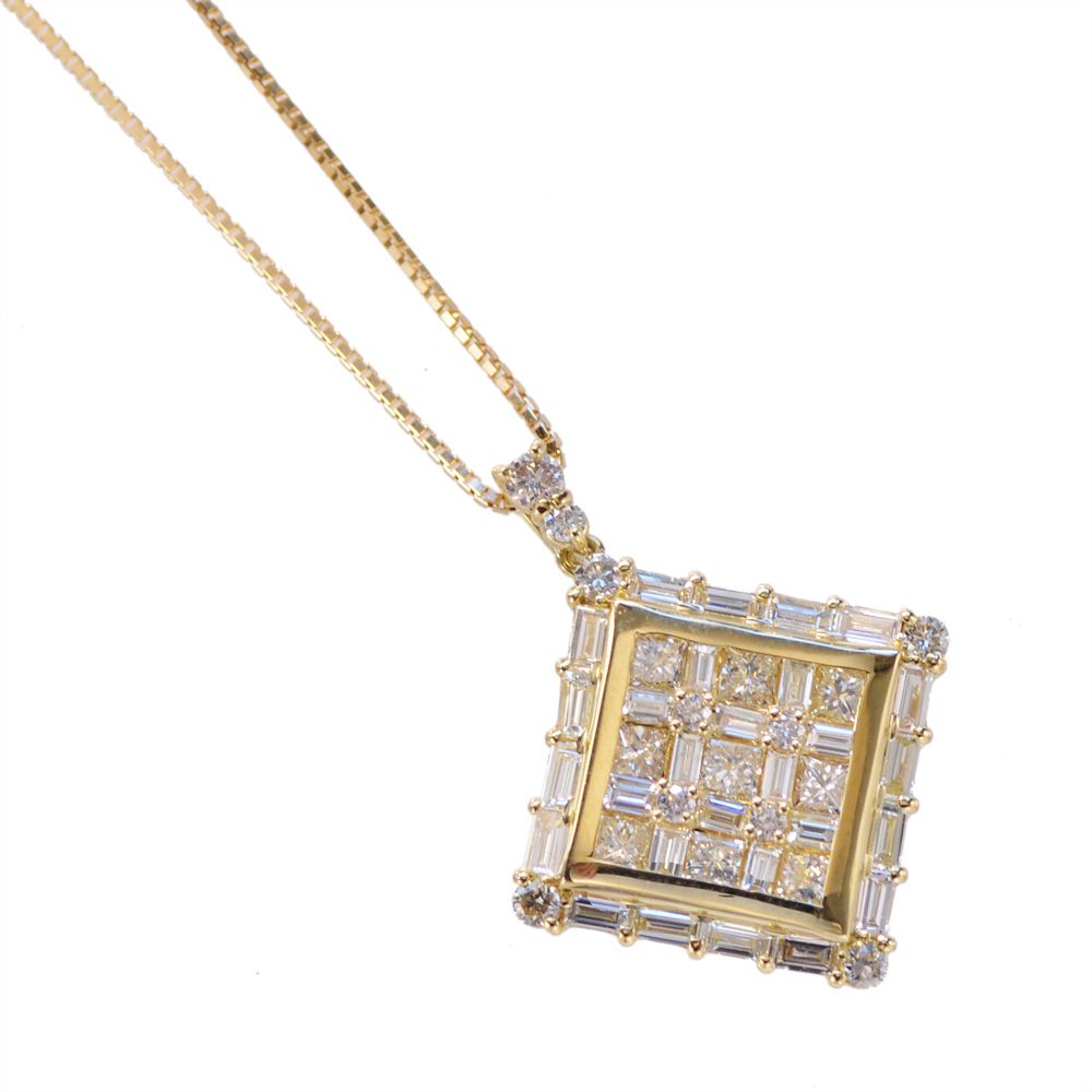 Other - ダイヤモンド ネックレス 18金 K18 18K プリンセスカット バゲットカット ダイヤモンド 1.5カラット ダイヤモンドネックレス イエローゴールド レディース 日本製 刻印入り 鑑別書付き