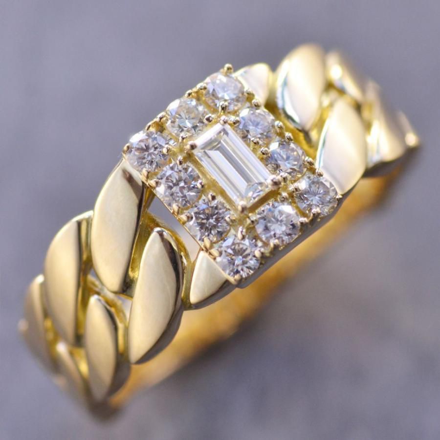 Rakuten - メンズリング 18金 指輪 K18 18K バゲットカット ダイヤモンド 喜平リング イエローゴールド 男性 日本製 刻印入り 鑑別書付き【動画あり】 シンプル 30代 40代 50代 60代