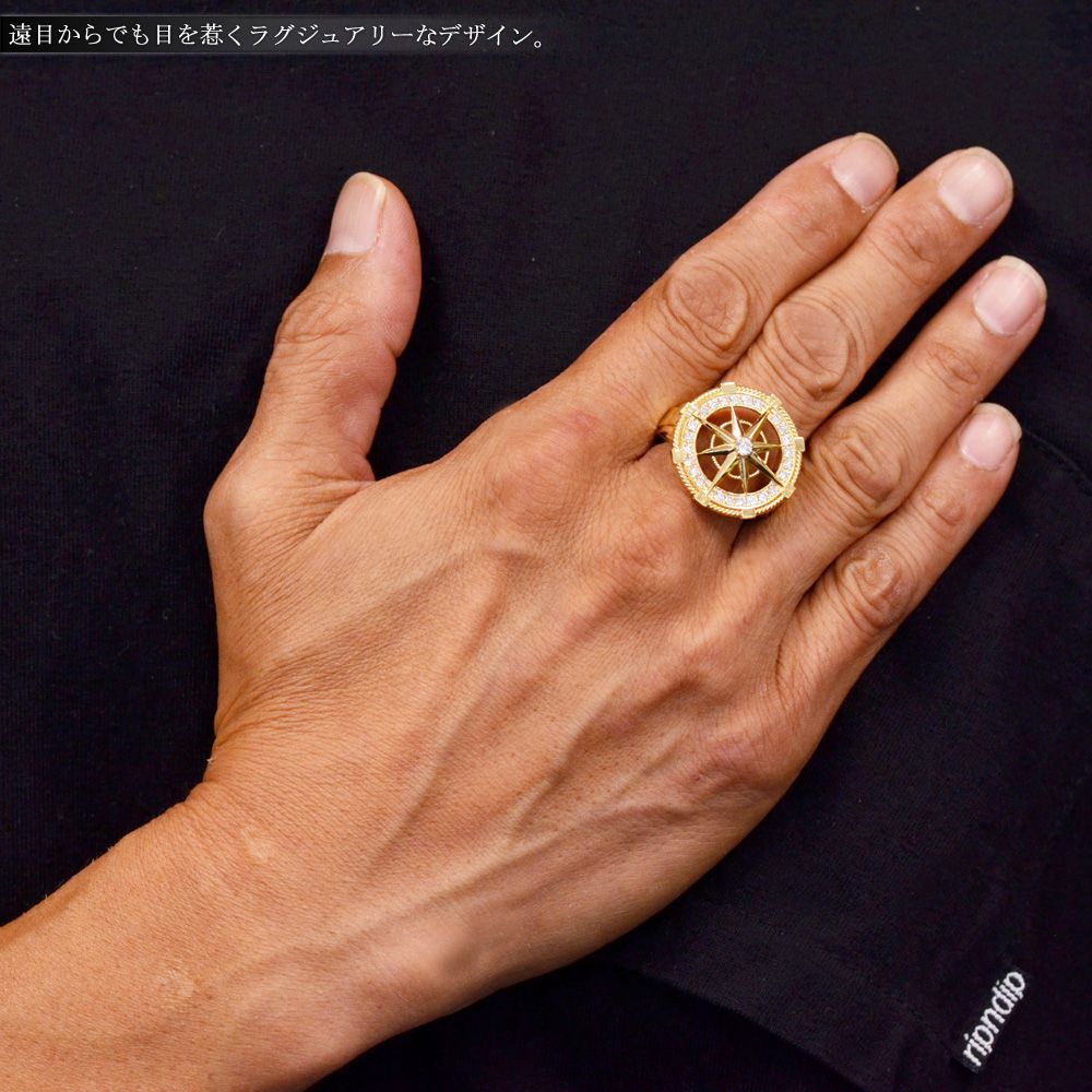 【スーパーSALE★15%OFFクーポン】指輪 メンズリング K18 18金 18k ダイヤモンド コンパス 方位磁針 イエローゴールド 幅広 ごつい 日本製 刻印入り 鑑別書付き 30代 40代 50代
