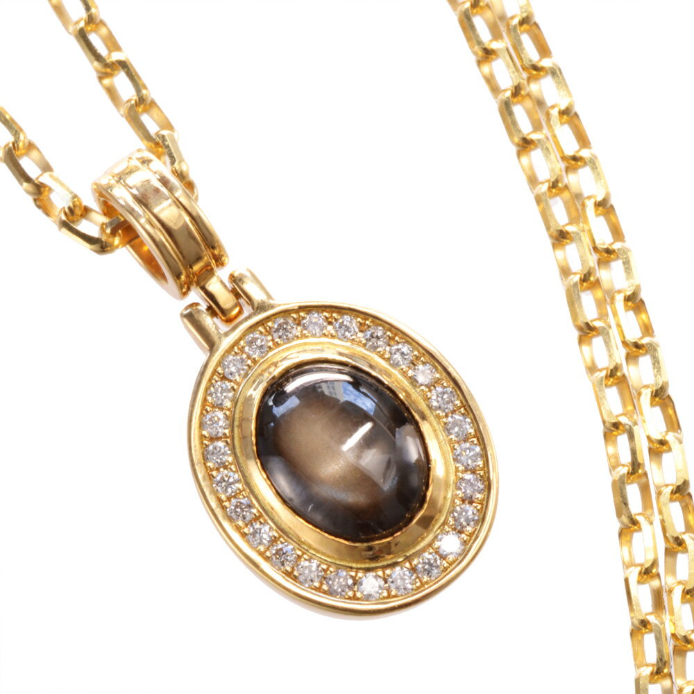 Rakuten - 【スーパーSALE★13%OFFクーポン】ネックレス メンズ K18 18K 18金 ブラックスターサファイア ダイヤモンド ペンダント イエローゴールド アズキチェーン 50cm オーバル カボションカット カラーストーン 刻印入り 鑑別書付き プレゼント ギフト