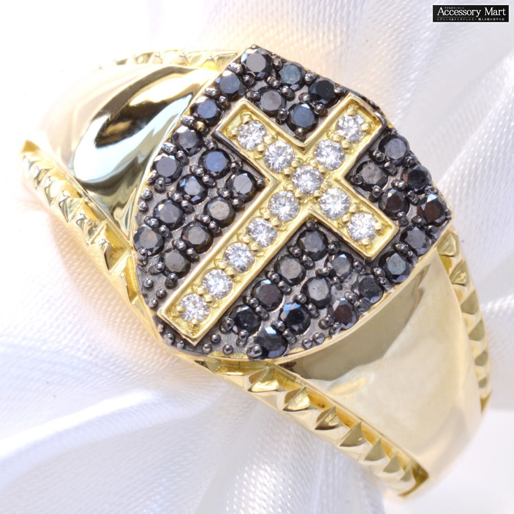 Rakuten - 指輪 メンズリング K18 18金 ダイヤモンド ブラックダイヤモンド シールド クロス スタッズモチーフ 18k イエローゴールド 男性 刻印入り 鑑別書付き ごつい 太め 幅広 カラーストーン 30代 40代 50代 60代