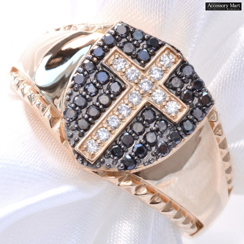 乐天商城 - 指輪 メンズリング K18PG 18金 ダイヤモンド ブラックダイヤモンド シールド クロス スタッズモチーフ 18k ピンクゴールド 男性 刻印入り 鑑別書付き ごつい 太め 幅広 カラーストーン 30代 40代 50代 60代