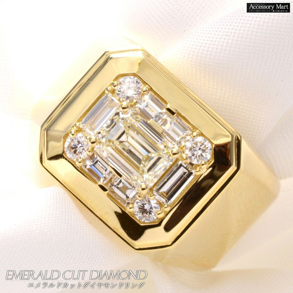 樂天商城 - 指輪 メンズリング 18金 K18 18K エメラルドカット バゲットカット ダイヤモンド イエローゴールド 幅広リング ごつい 太め ファンシーカット 日本製 刻印入り 鑑別書付き 中央宝石研究所 CGL ソーティング 30代 40代 50代 60代【動画あり】