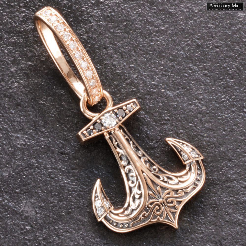 Pendant Tops - ペンダントトップ メンズ 18金 K18PG ダイヤモンド ブラックダイヤモンド イカリ アンカー マリン モチーフ ペンダントヘッド ネックレストップ ピンクゴールド 碇 ブラックメッキ 男性用 刻印入り 鑑別書付き