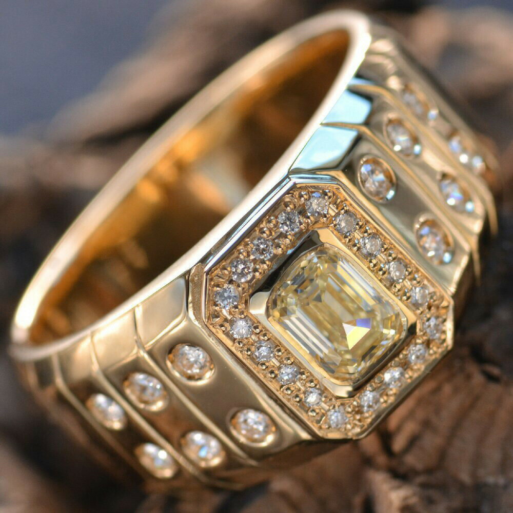指輪 メンズリング 18金 K18 印台 ピンクゴールド ダイヤモンド メンズ リング 男性 エメラルドカット 中央宝石研究所 一粒ダイヤ 日本製 刻印入り ごつい 太め シグネットリング