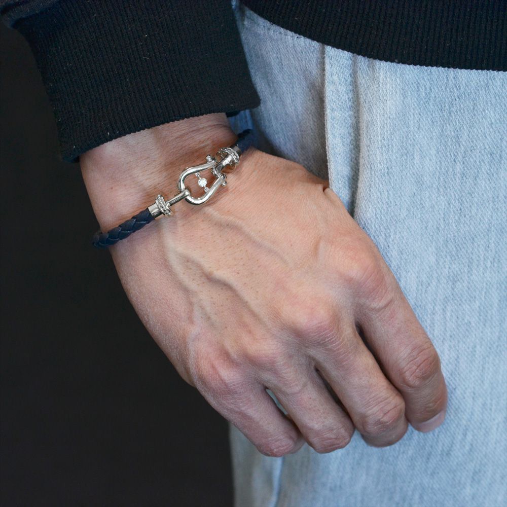【マラソン期間限定★10%OFFクーポン】ブレスレット メンズ プラチナ Pt900 バックル ダイヤモンド プラチナブレスレット 革紐 編み込み レザー ネイビー 20cm 日本製 長さ指定作成可能 男性用 地金 シンプル プレゼント ギフト 【人気アイテム】 2