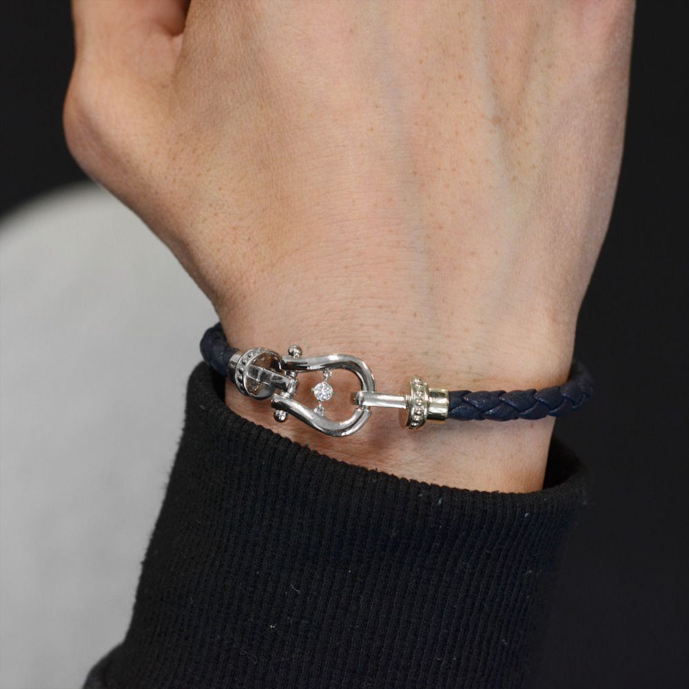 【マラソン期間限定★10%OFFクーポン】ブレスレット メンズ プラチナ Pt900 バックル ダイヤモンド プラチナブレスレット 革紐 編み込み レザー ネイビー 20cm 日本製 長さ指定作成可能 男性用 地金 シンプル プレゼント ギフト 【人気アイテム】 3