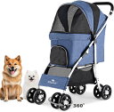 Kingdely ペットカート King-PC01BB 多頭 4輪ペットカート 前輪360°後輪ブレーキ付 多機能 犬用ベビーカー 犬 カート 猫 バギー 犬介...