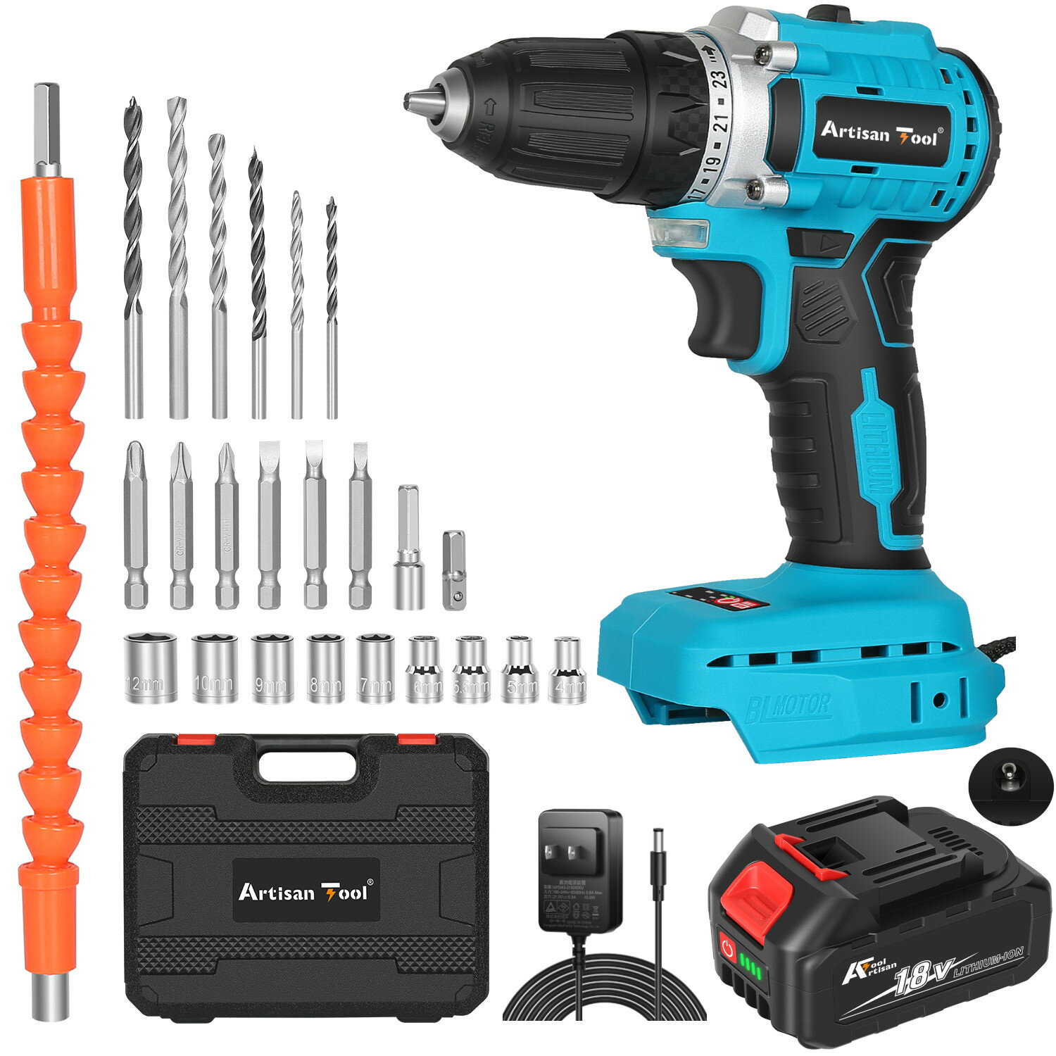 アルチザンツール 充電式ドリルドライバー 電動ドライバー小型軽量約850g トルク調整段階23+1段　最大45N・m 軽量 スピード調節機能 正逆転切替 LEDライト付き 家具の組み立て ドライバー 電動 女性や初心者でも簡単に使える diy工具 収納ケース付き バッテリー付き