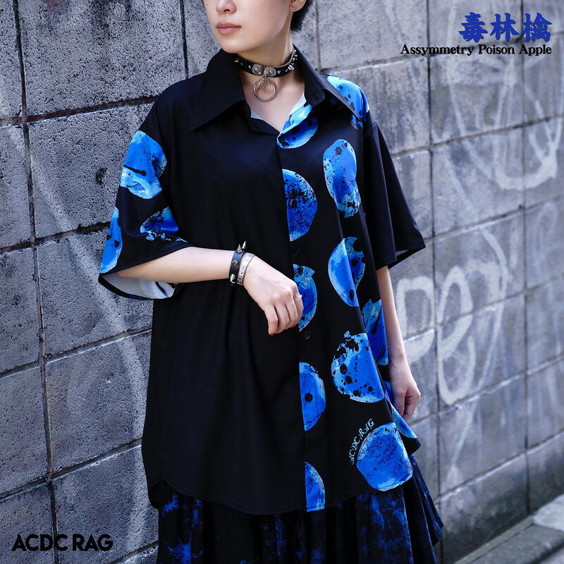 [半袖]アシメリンゴシャツ 半袖 パンク ロック V系 ファッション バンギャ 原宿系 原宿 病み 病みかわいい 派手カワ 個性的 林檎 アップル レディース メンズ ビッグシルエット オーバーサイズ 大きいサイズ ブラック ブルー ACDCRAG[メール便可]