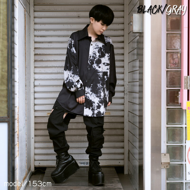 アシメブリーチ シャツ 長袖 パンク ロック V系 ファッション バンギャ 原宿系 原宿 病み 病みかわいい 派手カワ 個性的 タイダイ むら染め レディース メンズ ビッグシルエット オーバーサイズ 大きいサイズ ブラック ACDCRAG [メール便可]