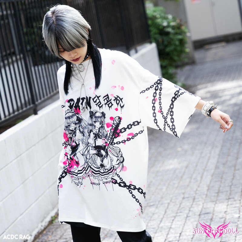 SWEET MY PAIN ヒュージTシャツ ホワイト 原宿系 韓国 ファッション 半袖 パンク ロック V系 病み 病みかわいい 大きいサイズ レディース メンズ ダンス衣装 衣装 派手カワ イラスト チェーン 羽 羽根 悪魔 かわいい 個性的 白 ACDCRAG [メール便可]