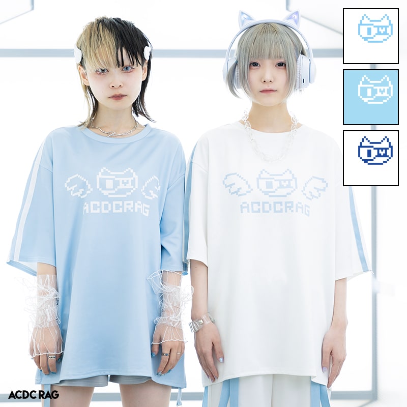 ドットネコ Tシャツ 半袖 原宿 韓国 原宿系 ファッション レディース メンズ かわいい 派手カワ サイドライン 刺繍 ねこ 大きいサイズ ダンス 衣装 ヒップホップ ダンス衣装 個性的 パステルブルー ネイビー ブルー ACDC RAG 