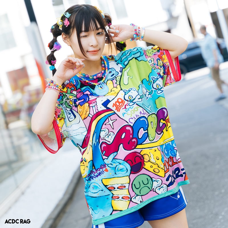 KAWAIIPANIC!! Tシャツ 半袖 カットソー 原宿系 原宿 派手カワ ファッション かわいい カラフル デコラ 女の子 個性的 ロゴ ポップ キュート ファンシー ダンス 衣装 ダンス衣装 ヒップホップ レディース メンズ マルチカラー ACDCRAG [メール便可]