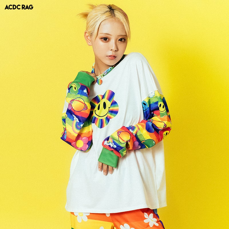 RAINBOW PF ロンT 長袖 y2k 原宿系 原宿 派手カワ ファッション かわいい カラフル デコラ フラワー ゆめかわいい 個性的 レトロ ポップ キュート ファンシー ダンス 衣装 ダンス衣装 ヒップホップ レディース レインボー ACDCRAG [メール便可]